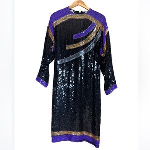 Vintage Surjit & Adarsh Gill for Saz II long sleeve sequin dress 100% silk Sz. 8